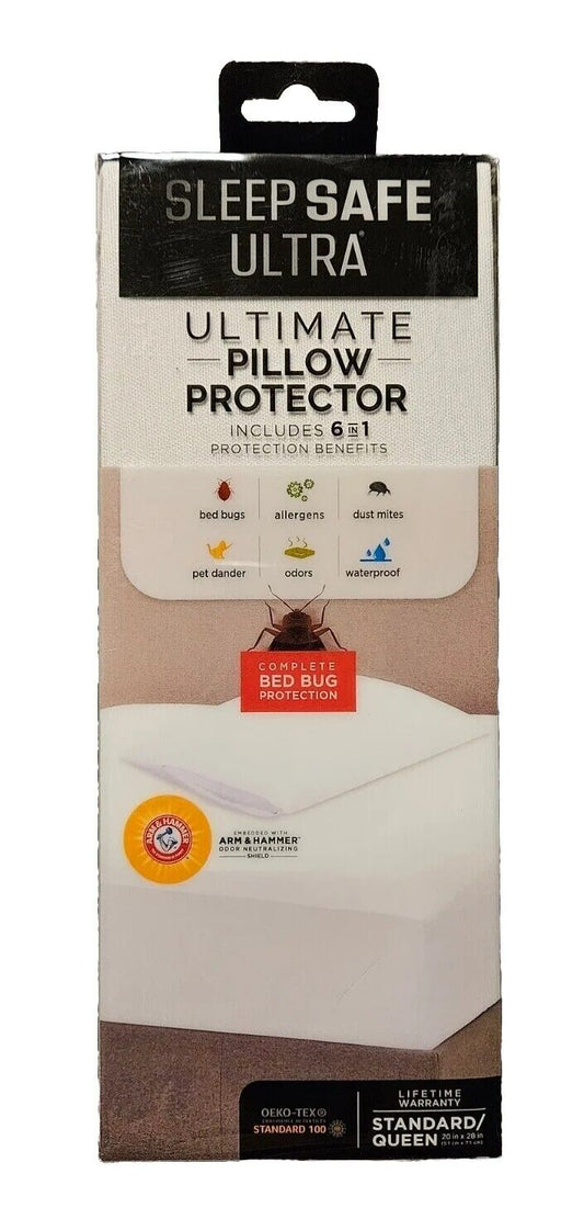 Sleep Safe 6-in-1 Ultra Pillow Cover Protector Durable Standard/Queen 20x28" New