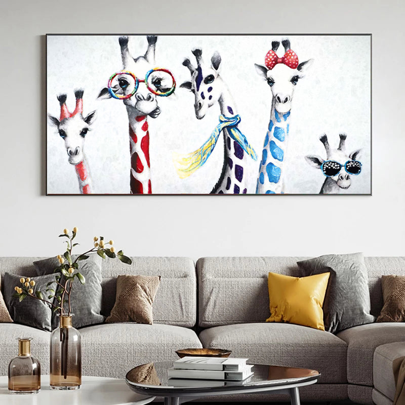 Giraffe And Animals Modern Canvas Doodle Art Painting Decoration