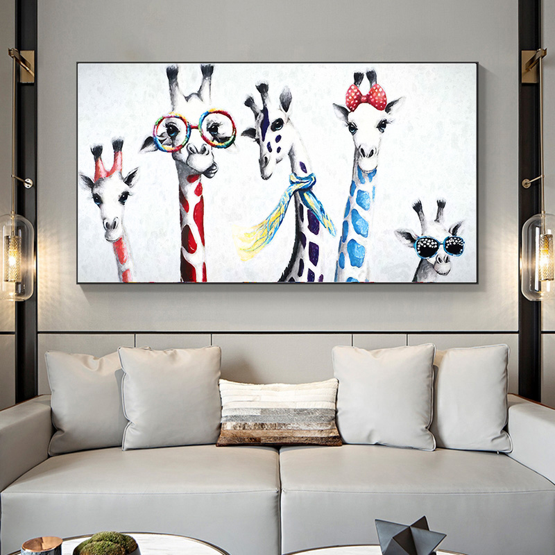 Giraffe And Animals Modern Canvas Doodle Art Painting Decoration