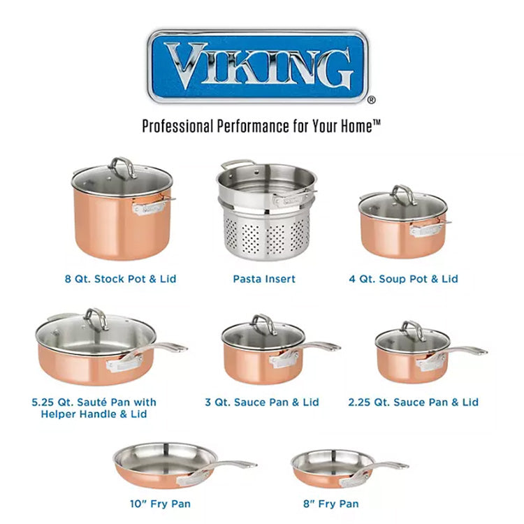 Viking Cookware Set - 10 Piece 3-Ply Hammered Copper Clad