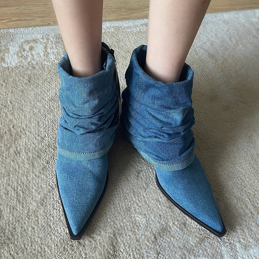 Thickened And Fashionable Pleated Denim Short Boots For Women